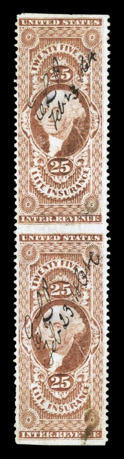 R47b, 25c Life Insurance, part perforate, vertical pair, strong color, 1864 ms. cancels, two light horizontal creases, the one in between stamps ending in a small sealed tear
at left, fine appearance one of only nine recorded pairs, which is