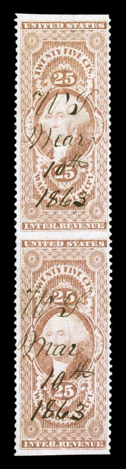 R50b, 25c Warehouse Receipt, part perforate, vertical pair, nicely centered for this, fresh color, neat 1863 ms. cancels, top stamp with tiny tear, light crease between stamps,
very fine appearance a rare part perforate pair, with just seven