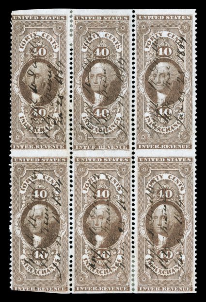 R53b, 40c Inland Exchange, part perforate, block of six (3x2), rich fresh color, well centered and margined except into bottom left stamp, light 1864 ms. cancels, trivial hinge
reinforcements, light horizontal crease in top stamps, otherwise ver