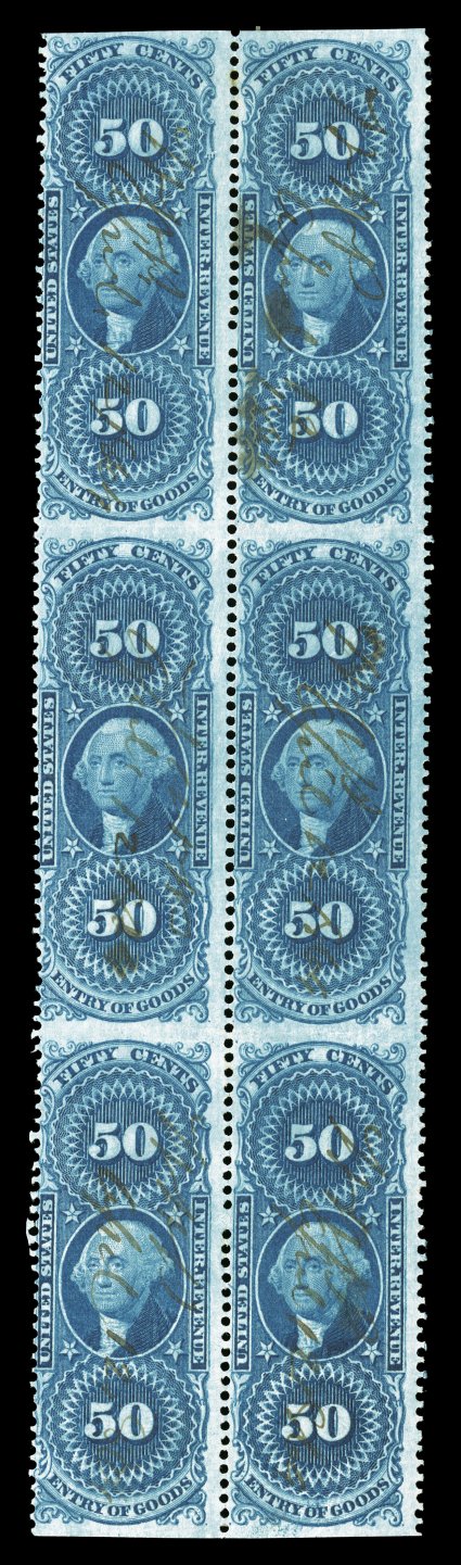 R55b, 50c Entry of Goods, part perforate, block of six (2x3), deep luxuriant color and an especially intense impression, 1864 ms. cancels, light horizontal creases between
stamps and a trivial toned spot at top, otherwise fine there is only one