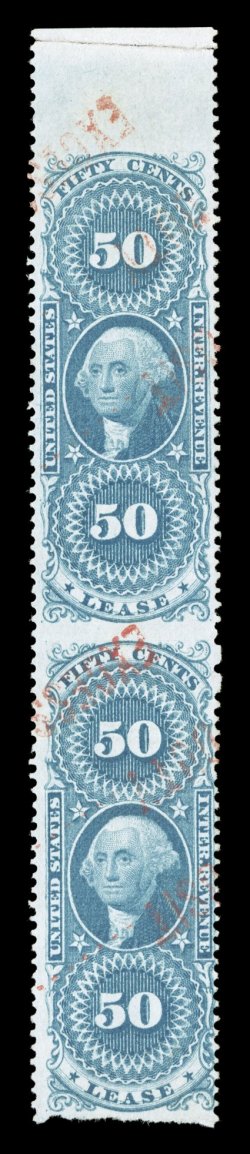 R57b, 50c Lease, part perforated, top sheet-margin vertical pair, well centered, fresh color, cancelled by a bright red three line Deposit Duty Express straight line handstamp,
bottom stamp with horizontal crease, otherwise very fine.