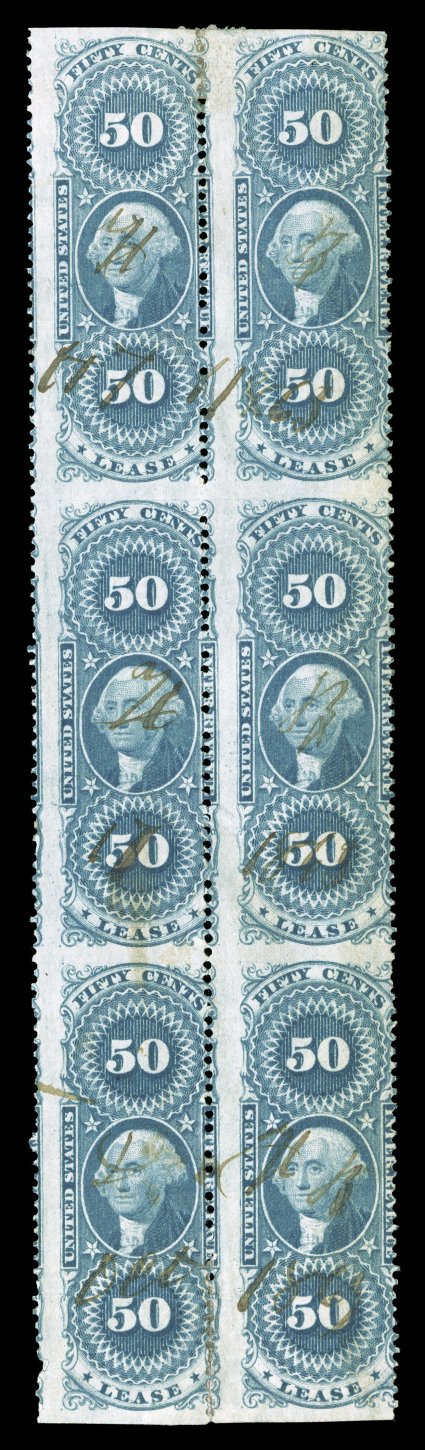 R57b, 50c Lease, part perforated, block of six (2x3), strong rich color, 1863 ms. cancels, small flaws, fine appearance one of two recorded blocks of six, the largest known
multiple of this stamp.