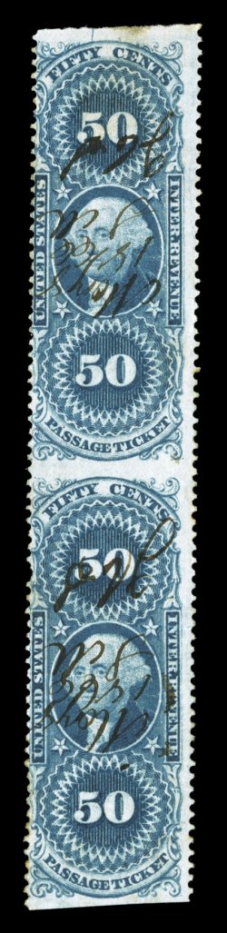 R61b, 50c Passage Ticket, part perforate, vertical pair, deep color, 1866 ms. cancels, minor flaws, fine appearance one of only eight recorded pairs of this revenue (five
vertical, three horizontal) and no larger multiples are known.