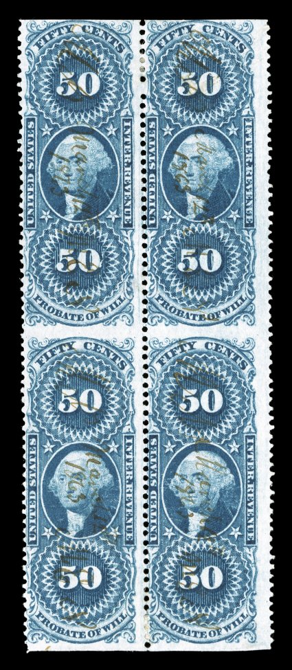 R62b, 50c Probate of Will, part perforate, block of four, sumptuously rich color and a strong detailed impression, light 1863 ms. cancels, a couple trivial wrinkles and top
left stamp with pinpoint thin speck, still a fine block not only is t