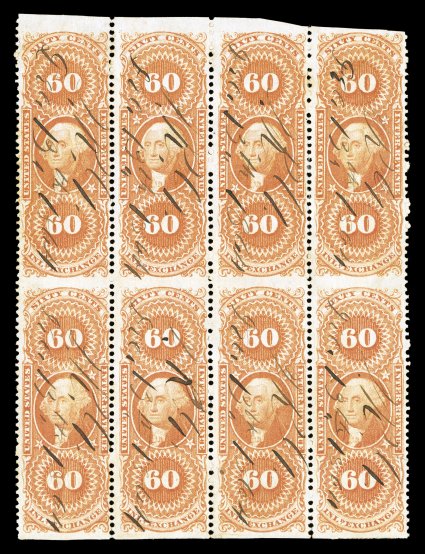 R64b, 60c Inland Exchange, part perforate, block of eight (4x2), gorgeous vibrant color, 1864 ms. cancels, light vertical crease in the left pair, otherwise fine-very fine and
attractive.
