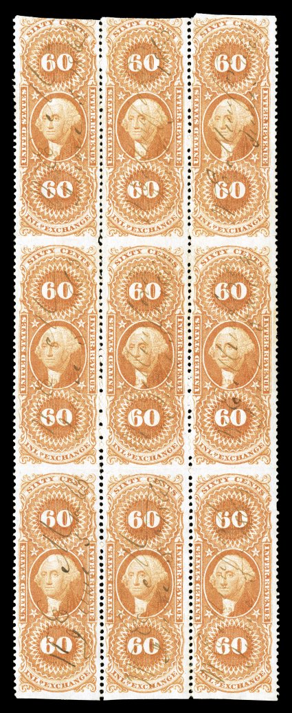 R64b, 60c Inland Exchange, part perforate, block of nine (3x3), unusually well centered, bright color, light 1863 ms. cancels, horizontal creases between stamps, right middle
stamps with a few wrinkles and a tiny closed tear, otherwise very fine
