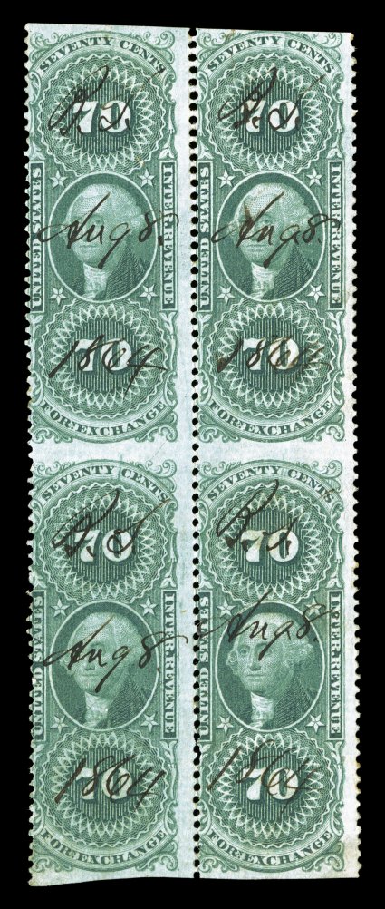 R65b, 70c Foreign Exchange, part perforated, block of four, strong rich color, 1864 ms. cancels, bottom left stamp with small wrinkles, otherwise quite fresh and fine one of
only four blocks of the Seventy Cent Foreign Exchange Part Perforate