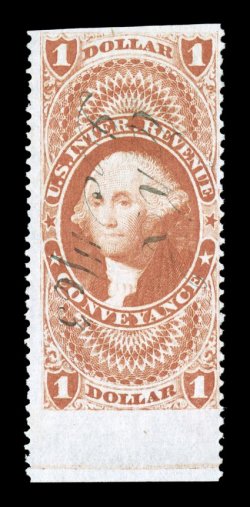 R66b $1.00 Conveyance, part perforated, bottom sheet-margin single, bright color, light 1863 ms. cancel, tiny trace of a corner crease at top left, still a fine example of this
very elusive part perforate revenue.