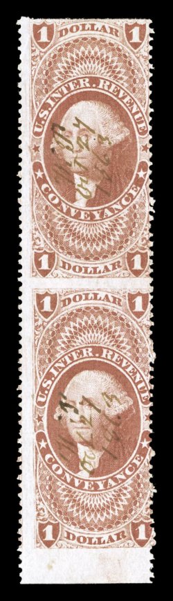 R66b $1.00 Conveyance, part perforated, vertical pair, strong rich color, 1863 ms. cancel, bottom stamp with trivial wrinkle and tiny tear in the left margin, otherwise fine
one of the key rarities of the part perforated issues, being one of