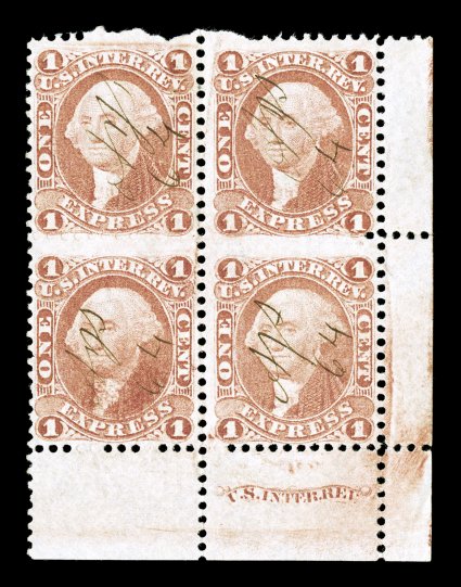 R1c var., 1c Express, bottom right corner margin block of four, showing a portion of the 2c U.S.I.R. inscription in the bottom margin, rich color, insignificant vertical crease
on top right stamp, very fine a unique and eye-catching showp