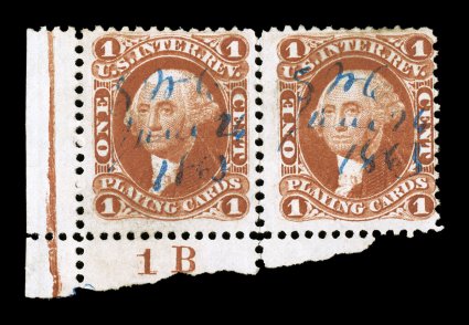 R2c, 1c Playing Cards, bottom left corner margin horizontal pair, with plate no. 1B in the partial bottom selvage, eye-arresting prooflike color and impression, bright blue
1865 ms. cancels, minor wrinkling, fine a most attractive and v