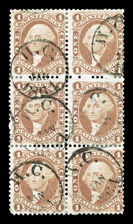 R2c, 1c Playing Cards, block of six (2x3), rich fresh color, neat 1864 handstamped cancels, minor perf. reinforcements, fine.