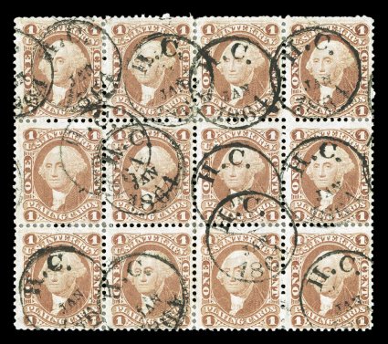 R2c, 1c Playing Cards, block of twelve (4x3), lovely rich color, handstamp cancellations, some sensibly reinforced perfs., fine-very fine one of the largest recorded multiples
of this stamp.
