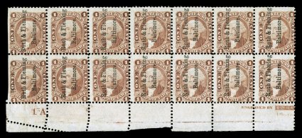 R3c, 1c Proprietary, bottom margin partial imprint and plate no. 1A block of fourteen (7x2), with irregular perfs. in the bottom left selvage caused by a margin foldover, Ruth
& Fleming printed cancel, fine.