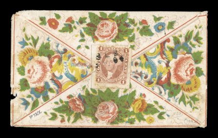 R3c, 1c Proprietary, used on the back of a colorful envelope of Dr. M.L. Byrn, New York, with that companys pre-cancel, stamp slightly damaged from opening, a few cover edge
faults, fine certainly an impressive and visually striking usage.