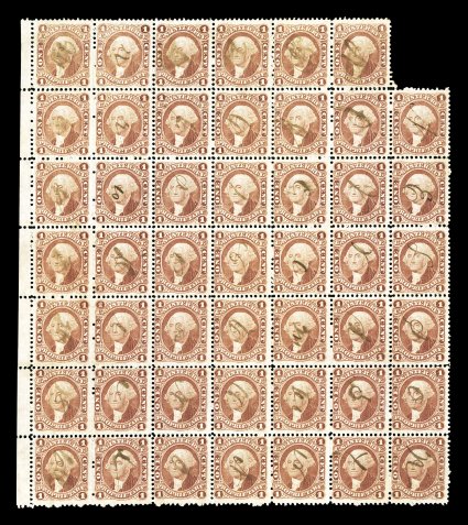 R3c, 1c Proprietary, left sheet-margin block of 48 (7x7, less the top right stamp), strong rich color, small ms. cancels, a few trivial imperfections, but overall fine-very
fine for a multiple of this size the Curtis census records only four la
