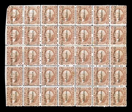 R3c, 1c Proprietary, block of 35 (7x5), strong bright color, cancelled by Ruth & Fleming, Baltimore printed cancel, some trimmed perfs. at top, top left stamp defective, bottom
left stamp with crease, fine-very fine appearance an especially