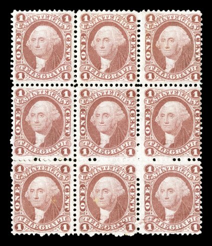 R4c, 1c Telegraph, an exceedingly fresh mint block of nine (3x3), with deep luxuriant color and a sharp detailed impression, full clean original gum, with some stamps being
never hinged, slight perf. separation at top, fine-very fine the Curtis