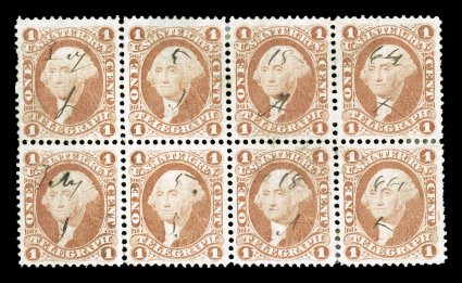 R4c, 1c Telegraph, block of eight (4x2), exceptionally well centered, bright fresh color, small ms. cancels, trivial perf. reinforcing, very fine.