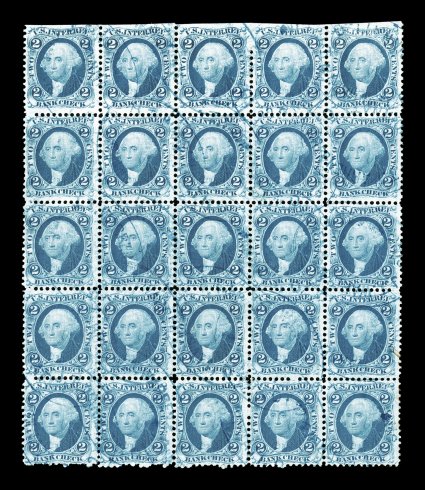 R5c, 2c Bank Check, block of 25 (5x5), s.e. at top, well centered, remarkably fresh, with rich luxuriant color, light blue oval handstamped cancels, mild vertical crease
through middle stamps and a few trivial paper wrinkles, otherwise very