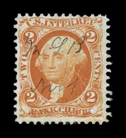 R6c var., 2c Bank Check, orange, double transfer type T5, strong color and a crisp impression showing this impressive double transfer exceptionally well, light ms. cancel, very
fine.
