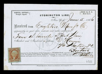 R6e, 2c Bank Check, orange on green paper, uncancelled single on Stonington Line railroad freight document dated June 5, 1866, document with small cut cancel well away from
adhesive, fine cataloged as a used stamp.