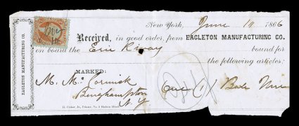 R6e, 2c Bank Check, orange on green paper, on check similar to above lot but with ms. cancel, check dated June 11, 1866, fine.