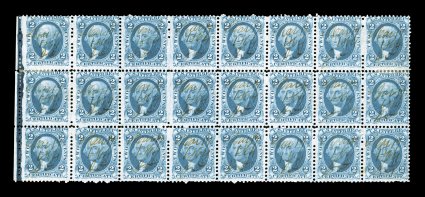 R7c, 2c Certificate, blue, left sheet-margin block of 24 (8x3), excellent color on fresh paper, 1864 ms. cancels, faint trace of creasing and a couple minor perf.
reinforcements, fine there are only two larger recorded blocks.