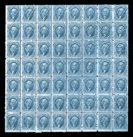 R11c, 2c Playing Cards, blue, block of 56 (8x7), deep rich color, ms. cancels, some minor perf. reinforcing along the outer edges, fine-very fine by far the largest known
multiple of this stamp (the next largest being a block of 32).