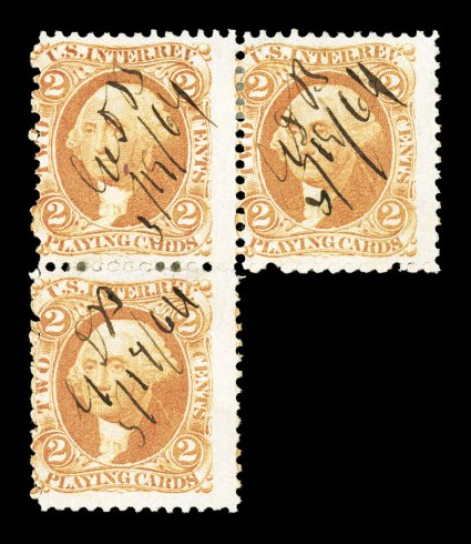 R12c, 2c Playing Cards, orange, block of three, bright color, 1864 ms. cancels, slight perf. reinforcement between left stamps, fine there is only one larger multiple recorded,
that being a reconstructed block of four ex-Turner.