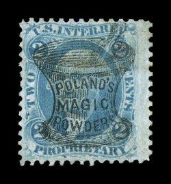 R13c, 2c Proprietary, blue, cancelled by Polands Magic Powders clear black fancy handstamp cancel of mortar and pestle, trivial creasing, very fine and lovely strike one of the
most desirable cancels on the first issue.