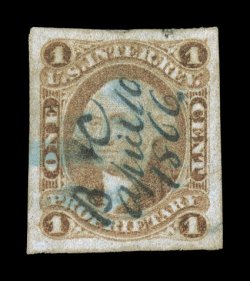 R3E, 1c Proprietary, red on experimental wove paper, four large even margins, with blue B + CApril 101866 ms. cancel of the printers Butler and Carpenter, tiny thin in the top
margin, otherwise very fine this is probably a trial color