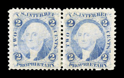 R13e, 2c Proprietary, ultramarine, mint horizontal pair, full original gum, very fine actually quite scarce, as only a total of five multiples (three pairs, two blocks) of the
ultramarine shade have been recorded.