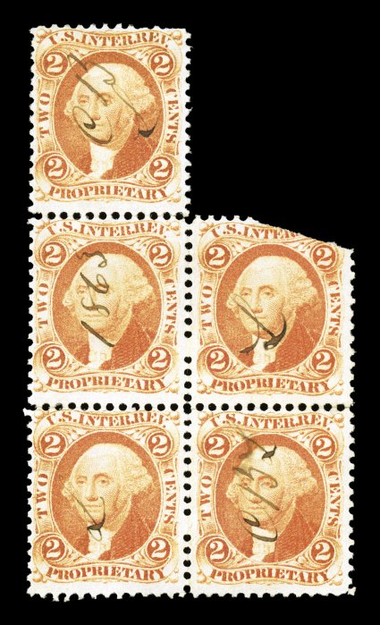 R14c, 2c Proprietary, orange, reconstructed block of five, comprising two horizontal pairs and a single, bright fresh color, top right stamp defective, fine only one larger
multiple (a reconstructed block of six) is known cataloged as two pair
