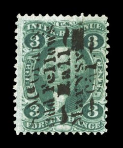 R16c, 3c Foreign Exchange, strong color, cancelled by fancy stencil S. McCraryOdd FellowsHallMarysvilleCal., fine a most unusual and rare cancel.