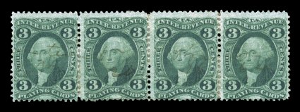 R17c, 3c Playing Cards, reconstructed horizontal strip of four, especially deep color, light ms. cancel, right stamp with tiny tear, otherwise fine only two larger multiples
exist ex-Little.