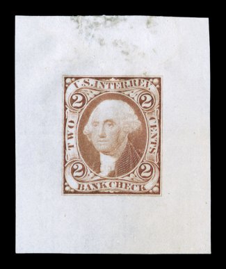 Turner Essay 54, 2c Bank Check, die essay in orange on India, 40x48mm, light translucent stain in the top margin from a previous hinge, which often occurs on this frail India
paper, very fine an extremely rare First Issue essay.