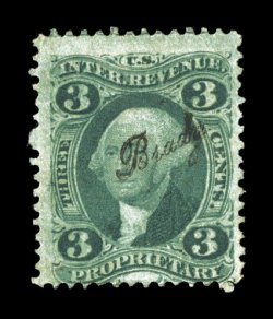 R18c, 3c Proprietary, deep rich color, cancelled by Brady printed cancel in fancy scroll, which was the cancel of Mathew Brady, the famous Civil War photographer, stamp with
unimportant crease, very fine strike one of the most desirab