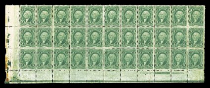 R18c, 3c Proprietary, mint bottom left margin Butler & Carpenter imprint block of 33 (11x3), full disturbed o.g., strong color, some reinforcement of separated perfs. which
would be expected on such a large multiple, few small faults, fine-very