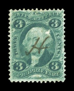 R18ce, 3c Proprietary, double impression, two strong distinct impressions, small ms. cancel, small facial scrape at top right of Washingtons head, fine appearance an extremely
rare variety, with only a minute number in existence, clearly under