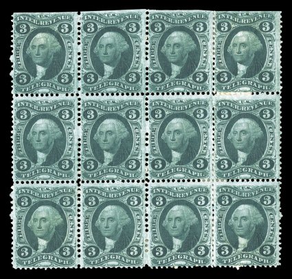 R19c, 3c Telegraph, mint block of twelve (4x3) with s.e. at top, deep luxuriant color and an intense impression, full o.g., h.r.s including reinforced perfs., fine a scarce
mint multiple.