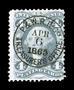 R21c, 4c Playing Cards, bright color, beautifully cancelled by a central complete strike of P & W. R.R. Co. Treasurers Office Apr 6 1865 railroad company c.d.s. handstamp,
fresh and fine.