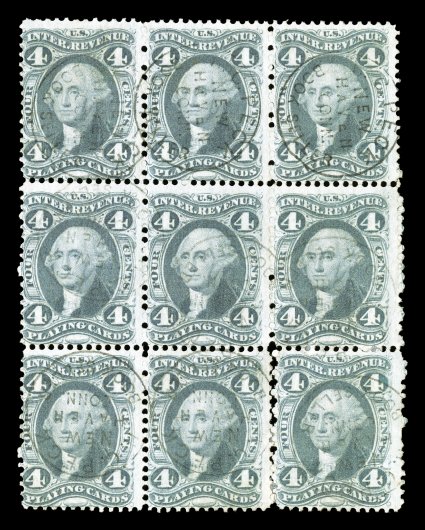 R21c, 4c Playing Cards, block of nine (3x3), the bottom right stamp had been separated (possibly prior to usage) and has been reattached, rich color, light handstamped c.d.s.
cancels of H. C. Peck, Bookseller, New Haven, Conn., fine any block o
