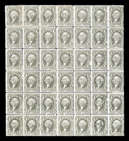 R22c, 4c Proprietary, block of 42 (7x6), attractive color, light 1865 handstamped c.d.s. cancels, bottom left stamp with small scuff, a couple other stamps with small thins,
usual perf. reinforcements, fine the only larger multiple is the compl