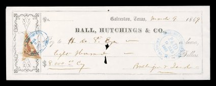 R23c var., 5c Agreement, half used as 2c, tied to check by blue oval Ball, Hutchings & Co., Galveston, Texas Mar 9, 1869 handstamp, with matching Paid c.d.s. at right, check
with a couple folds, one of which causes paper splitting, neit
