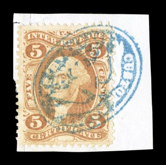 R24c, 5c Certificate, well centered single tied to piece by a crisp strike of blue fancy negative handstamp of the Custom House, Savannah, Ga., bright color, very fine a
particularly eye-catching cancel.