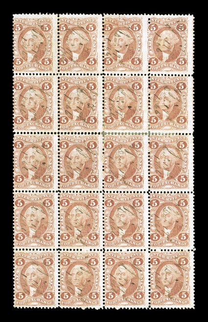 R26c, 5c Foreign Exchange, block of twenty (4x5), rich color, light 1866 ms. cancels, two light horizontal creases, minor perf. reinforcing, fine only two larger blocks are
recorded.
