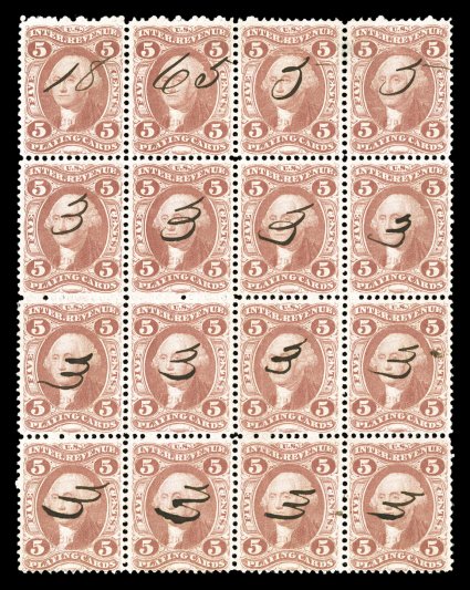 R28c, 5c Playing Cards, block of sixteen (4x4), mostly well centered, deep rich color, small numeral 1865 ms. cancels, light vertical crease in third column, trivial thin spot
at top right, overall a very fine and handsome block.