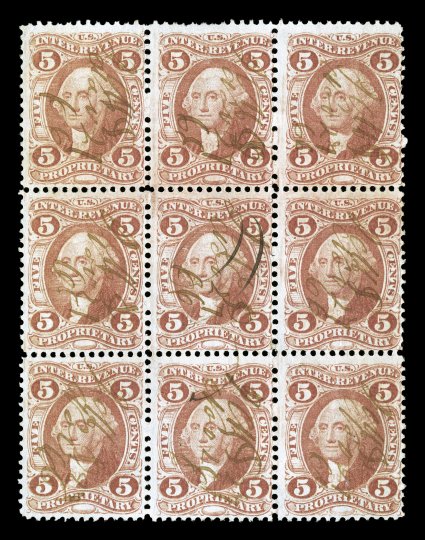 R29c, 5c Proprietary, block of nine (3x3), fresh color, 1866 ms. cancels, faint vertical crease in the right stamps, otherwise fine-very fine.