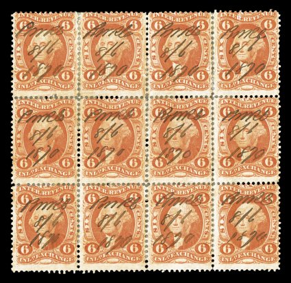 R30c, 6c Inland Exchange, block of twelve (4x3), deep intense color, 1870 ms. cancels, horizontal crease in top stamps, extensive perf. reinforcements, fine only two larger
blocks are recorded.